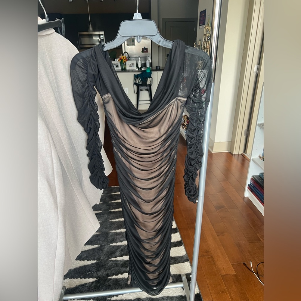 Off the Shoulder Black Dress with Nude Underslip